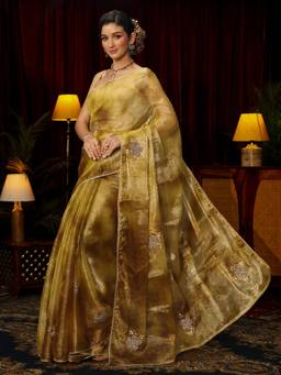 Libas - Mustard Floral Stone Work Embellished Saree with Unstitched Blouse