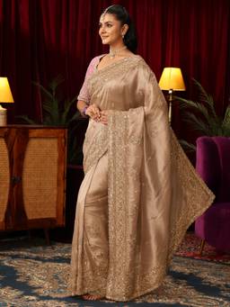 Libas Art - Golden Floral Beads Sequine Embroidered Saree with Unstitched Blouse