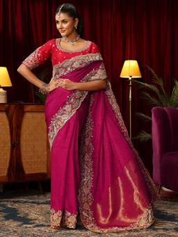 Libas Art - Pink Floral Woven Design Saree With Embroidered Border & Unstitched Blouse