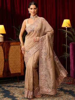 Libas Art - Gold Floral Zari Beads Sequine Embroidered Saree with Unstitched Blouse