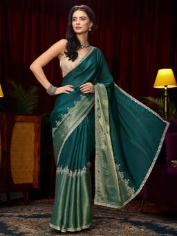 Libas - Green Floral Stone Work Embellished Saree with Unstitched Blouse