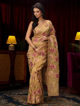 Libas - Beige Floral Thread Embroidered Saree With Cutwork Border & Unstitched Blouse