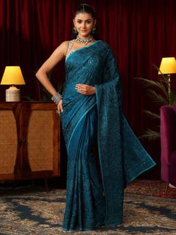 Libas Art - Blue Ethnic Motif Stone Work Embroidered Saree with Unstitched Blouse