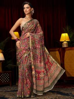 Libas - Multi Color Floral Printed Saree With Woven Design Border & Unstitched Blouse