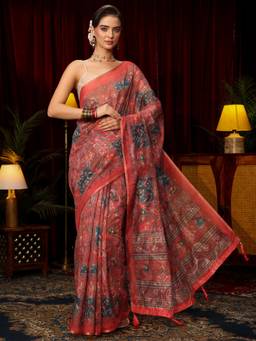 Libas - Red Floral Printed Saree With Woven Design Border & Unstitched Blouse