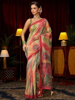 Libas - Multi Floral Printed Saree With Woven Design Border & Unstitched Blouse