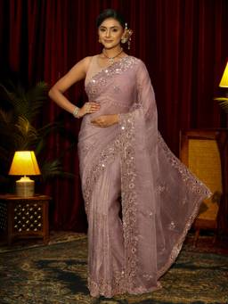 Libas Art - Lavender Floral Beads Sequins Embellished Saree with Unstitched Blouse