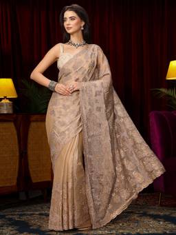 Libas Art - Gold Floral Stone Work Embroidered Saree with Unstitched Blouse