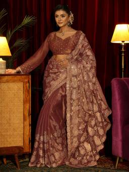 Libas Art - Mauve Floral Stone Work Embroidered Saree with Unstitched Blouse