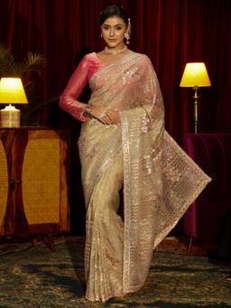 Libas Art - Green Floral Sequins Stone Work Embroidered Saree with Unstitched Blouse