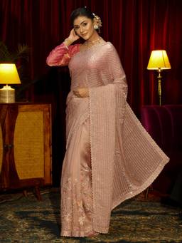 Libas Art - Cream Stone Work Embellished Saree With Embellished Border & Unstitched Blouse