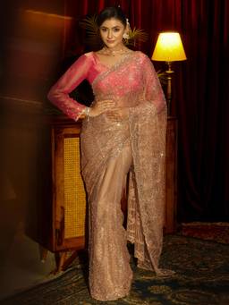 Libas Art - Gold Beads Sequins Embellished Saree With Embellished Border & Unstitched Blouse
