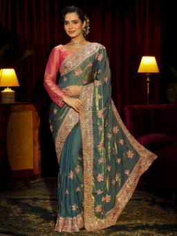 Libas Art - Green Floral Stone Work Embroidered Saree with Unstitched Blouse