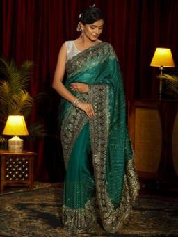 Libas Art - Green Stone Work Embellished Saree With Embellished Border & Unstitched Blouse