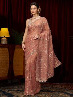 Libas Art - Peach Ethnic Motifs Beads Sequins Embellished Saree with Unstitched Blouse