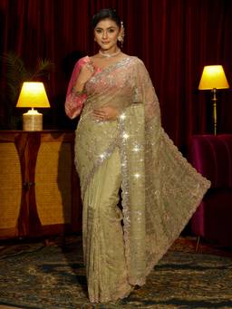 Libas Art - Green Ethnic Motifs Beads Sequins Embellished Saree with Unstitched Blouse