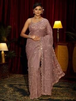 Libas Art - Lavender Ethnic Motifs Beads Sequins Embellished Saree with Unstitched Blouse