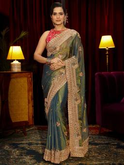 Libas Art - Green Floral Sequin Zari Embroidered Saree with Unstitched Blouse