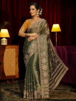 Libas Art - Green Floral Zari Stone Work Embroidered Saree & Unstitched Blouse