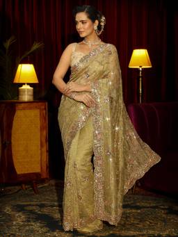 Libas Art - Green Floral Beads Sequins Embellished Saree with Unstitched Blouse
