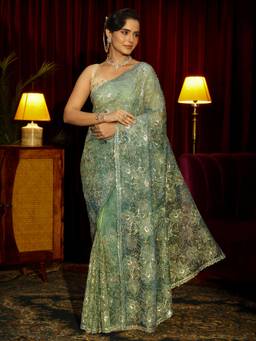 Libas Art - Green Floral Sequin Stone Work Embroidered Saree with Unstitched Blouse