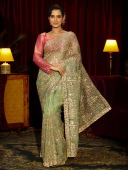 Libas Art - Green Ethnic Motifs Beads Sequins Embroidered Saree with Unstitched Blouse