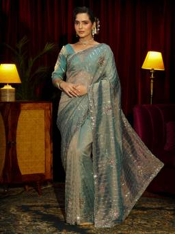 Libas Art - Blue Beads Sequins Embellished Saree & Unstitched Blouse