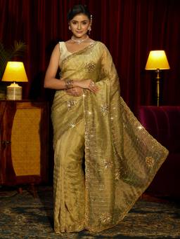Libas Art - Green Beads Sequins Embellished Saree with Unstitched Blouse