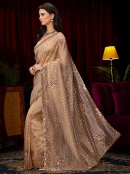 Libas Art - Taupe Beads Sequins Embellished Saree with Unstitched Blouse