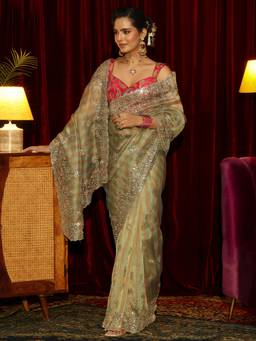 Libas Art - Green Striped Beads Sequins Embellished Saree with Unstitched Blouse
