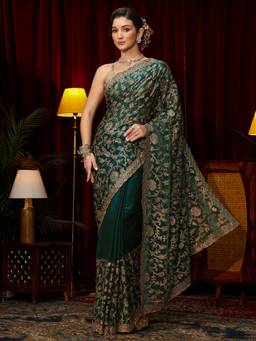 Libas Art - Green Floral Zari Stone Work Embroidered Saree with Unstitched Blouse