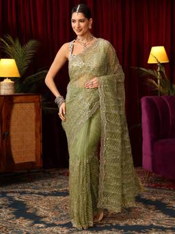 Libas Art - Green Beads Sequin Embellished Saree With Unstitched Blouse