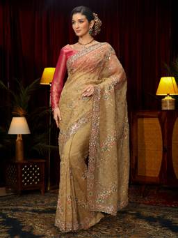 Libas Art - Gold Floral Beads Sequin Embroidered Saree with Unstitched Blouse
