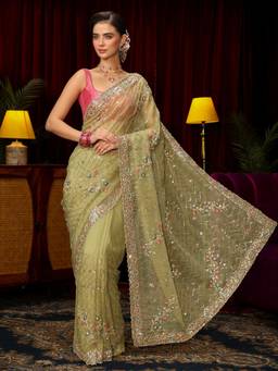 Libas Art - Green Floral Beads Sequin Embroidered Saree with Unstitched Blouse