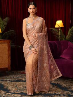 Libas Art - Gold Floral Sequin Stone Work Zari Embroidered Saree with Unstitched Blouse