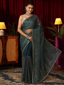 Libas Art - Green Beads Sequin Embellished Saree With Unstitched Blouse