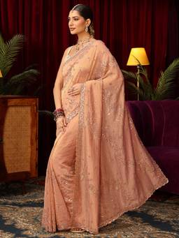 Libas Art - Peach Floral Beads Sequin Embellished Saree with Unstitched Blouse