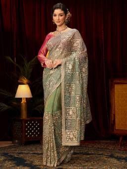 Libas Art - Green Floral Sequins Embroidered Saree with Unstitched Blouse