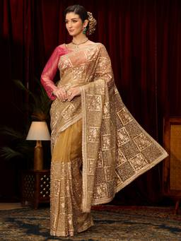 Libas Art - Gold Floral Sequins Embroidered Saree with Unstitched Blouse