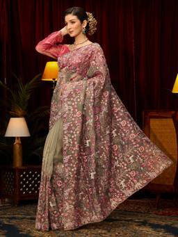 Libas Art - Green Ethnic Motifs Embroidered Saree with Unstitched Blouse