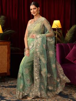 Libas Art - Green Ethnic Motif Sequins Embroidered Saree with Unstitched Blouse