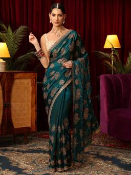 Libas Art - Green Floral Stone Work Zari Embroidered Saree with Unstitched Blouse