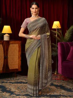 Libas Art - Green Stone Work Embellished Saree With Unstitched Blouse
