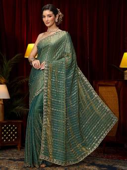 Libas Art - Green Beads Sequin Embellished Saree With Unstitched Blouse
