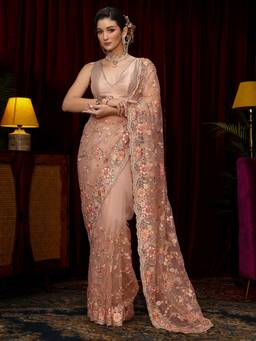 Libas Art - Pink Floral Mirror Stone Work Embroidered Saree with Unstitched Blouse