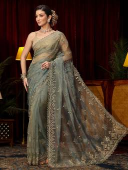 Libas Art - Green Beads Stone Work Embellished Saree with Unstitched Blouse