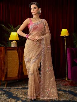 Libas Art - Gold Floral Beads Sequins Embroidered Saree with Unstitched Blouse