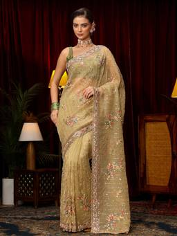 Libas Art - Green Floral Beads Sequins Embroidered Saree with Unstitched Blouse