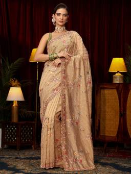 Libas Art - Green Floral Beads Sequins Embroidered Saree with Unstitched Blouse