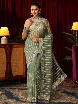 Libas Art - Green Striped Stone Work Embroidered Saree with Unstitched Blouse